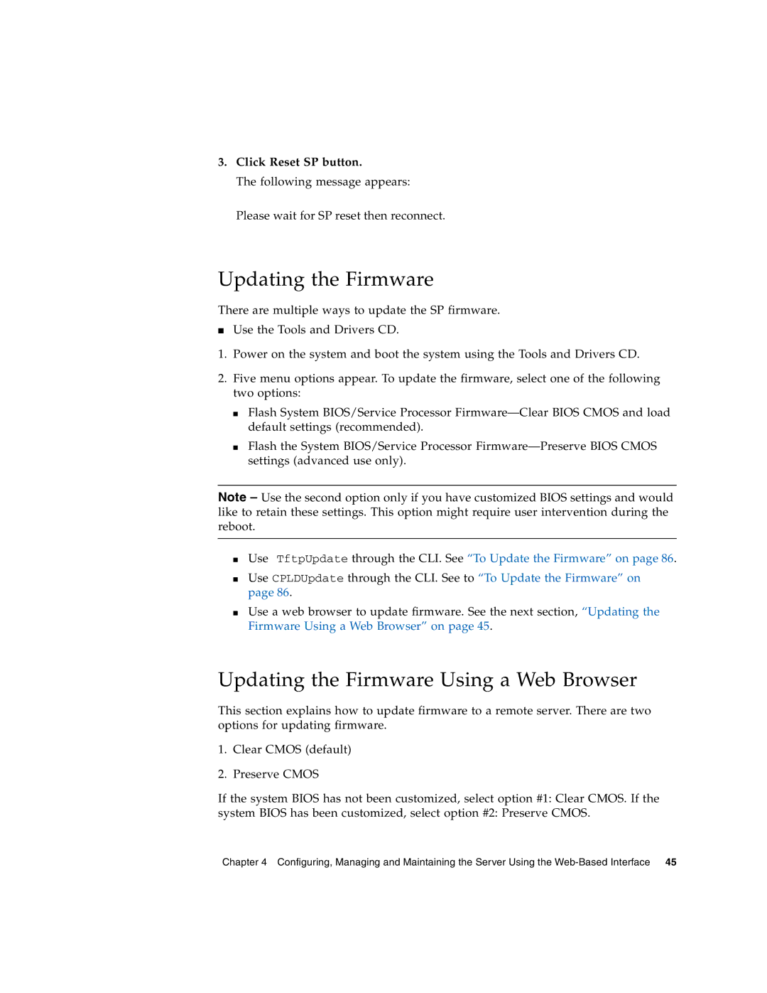 Sun Microsystems X4150 manual Updating the Firmware Using a Web Browser, Click Reset SP button 