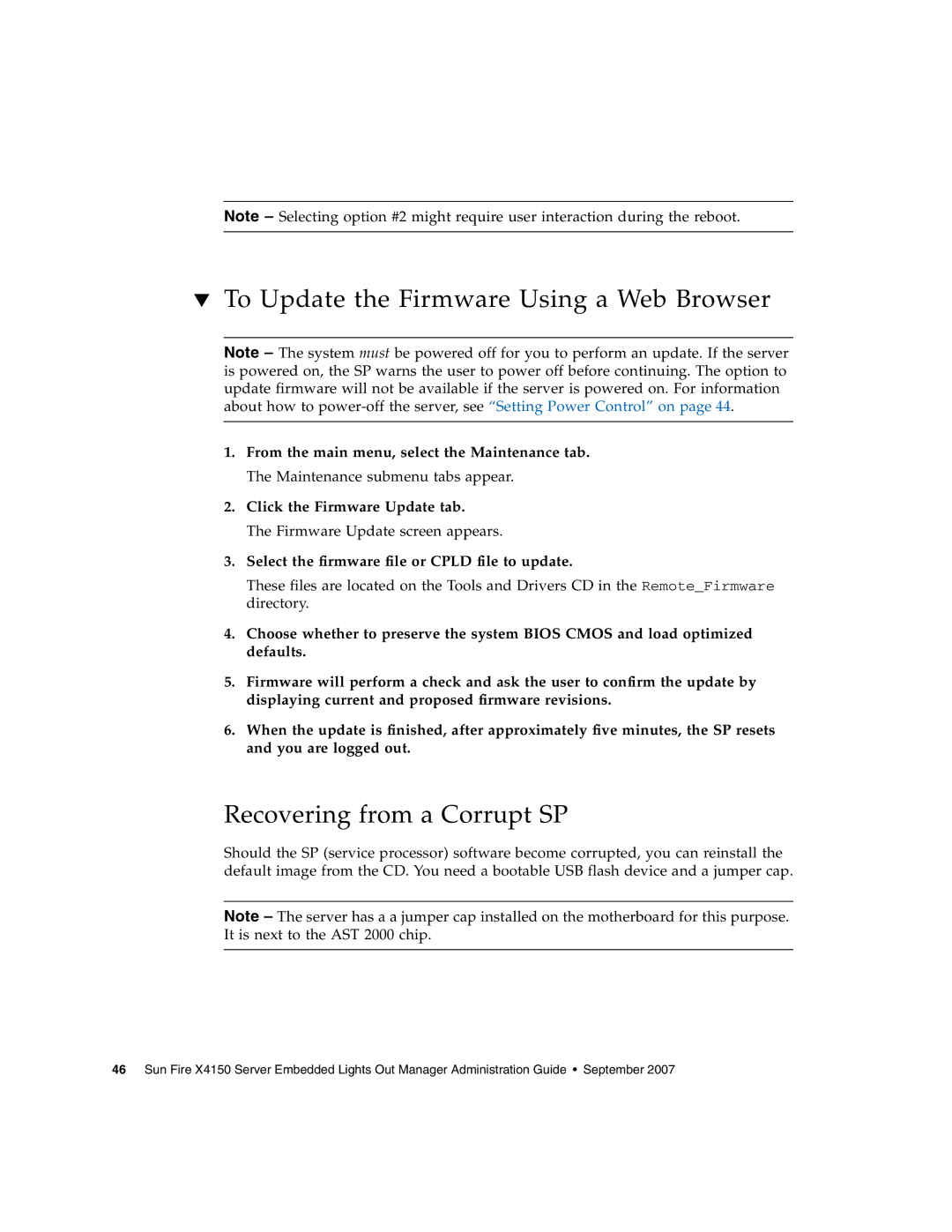 Sun Microsystems X4150 manual To Update the Firmware Using a Web Browser, Recovering from a Corrupt SP 