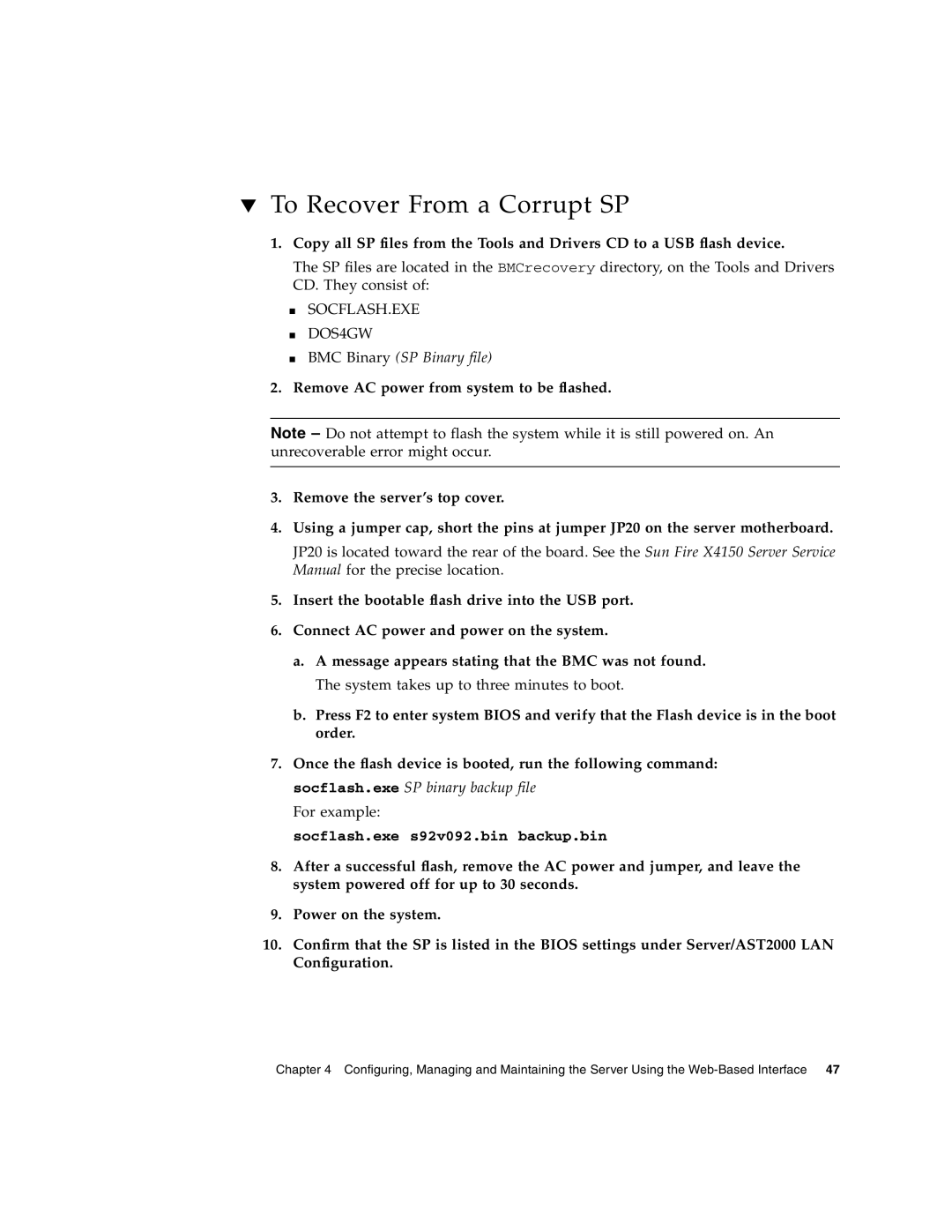 Sun Microsystems X4150 manual To Recover From a Corrupt SP 