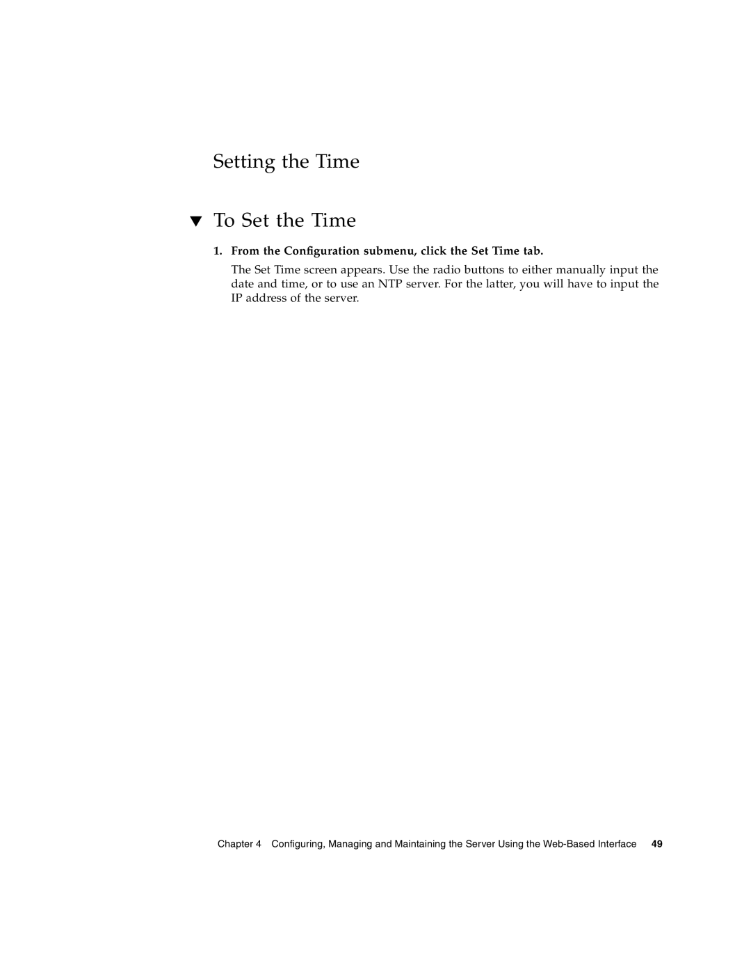 Sun Microsystems X4150 manual Setting the Time To Set the Time, From the Configuration submenu, click the Set Time tab 