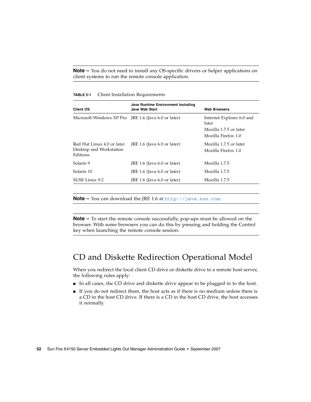 Sun Microsystems X4150 manual CD and Diskette Redirection Operational Model, 1Client Installation Requirements 