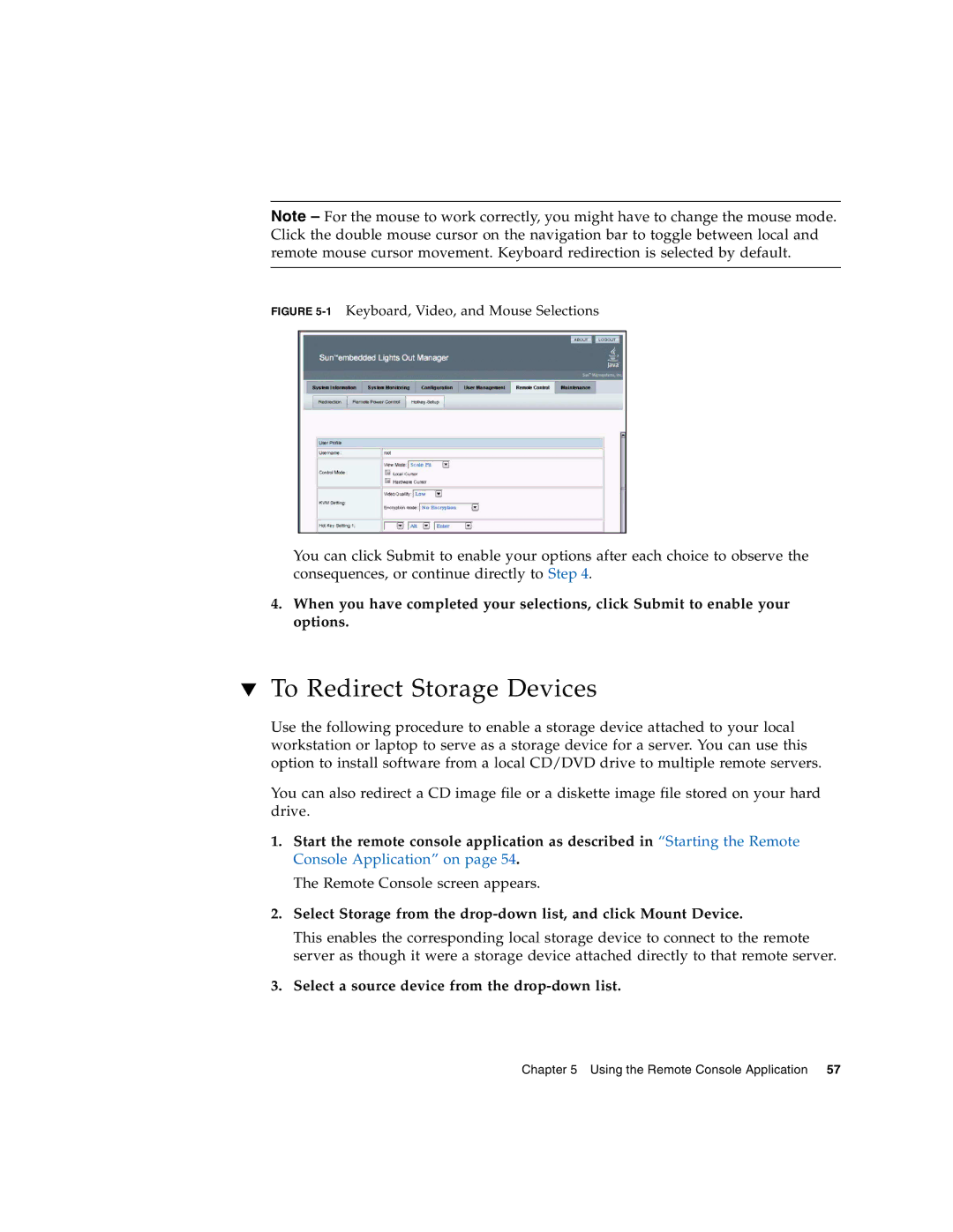 Sun Microsystems X4150 manual To Redirect Storage Devices, Select a source device from the drop-down list 