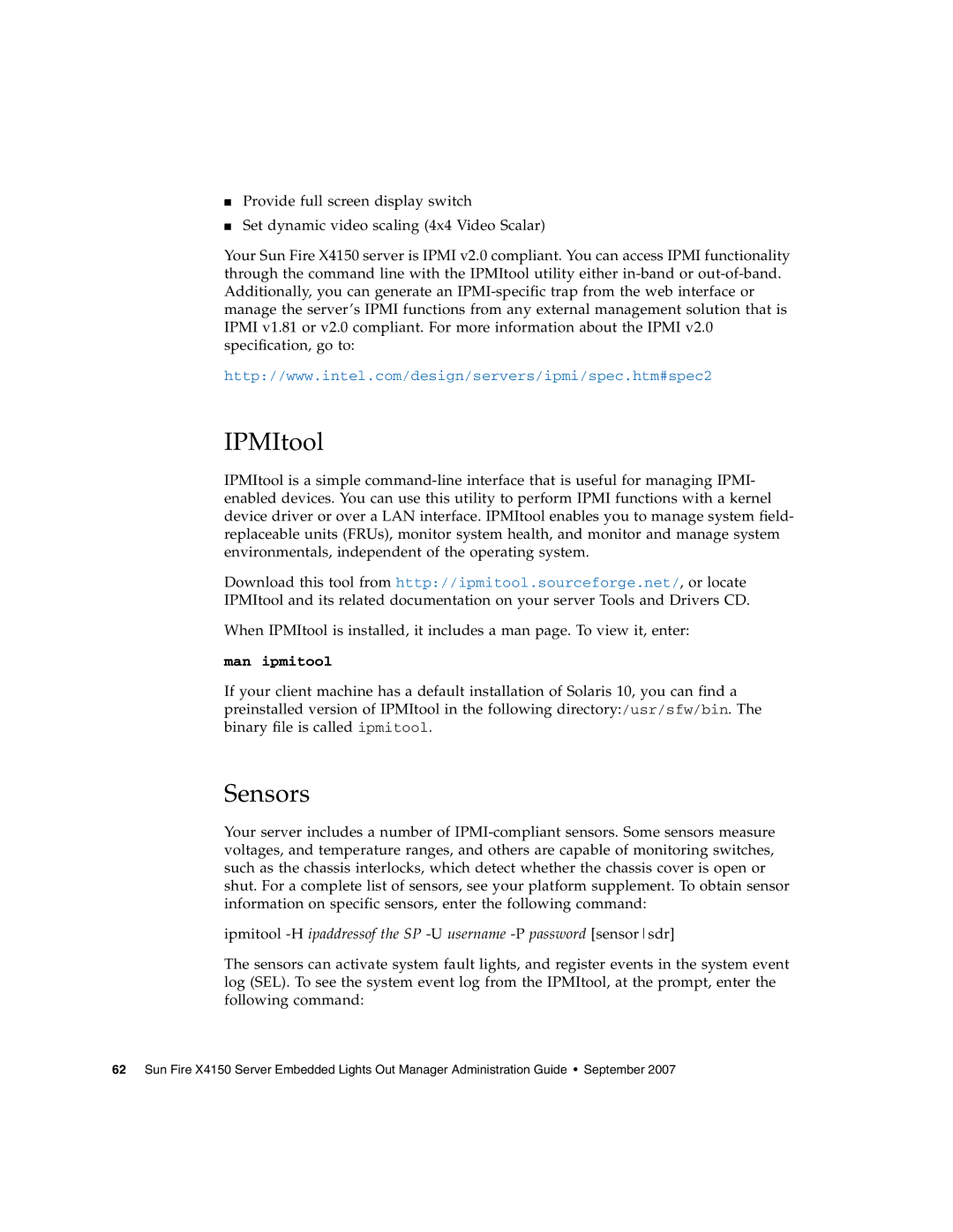 Sun Microsystems X4150 manual IPMItool, Sensors 