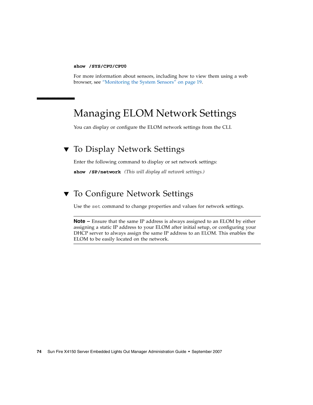 Sun Microsystems X4150 manual Managing Elom Network Settings, To Display Network Settings, To Configure Network Settings 