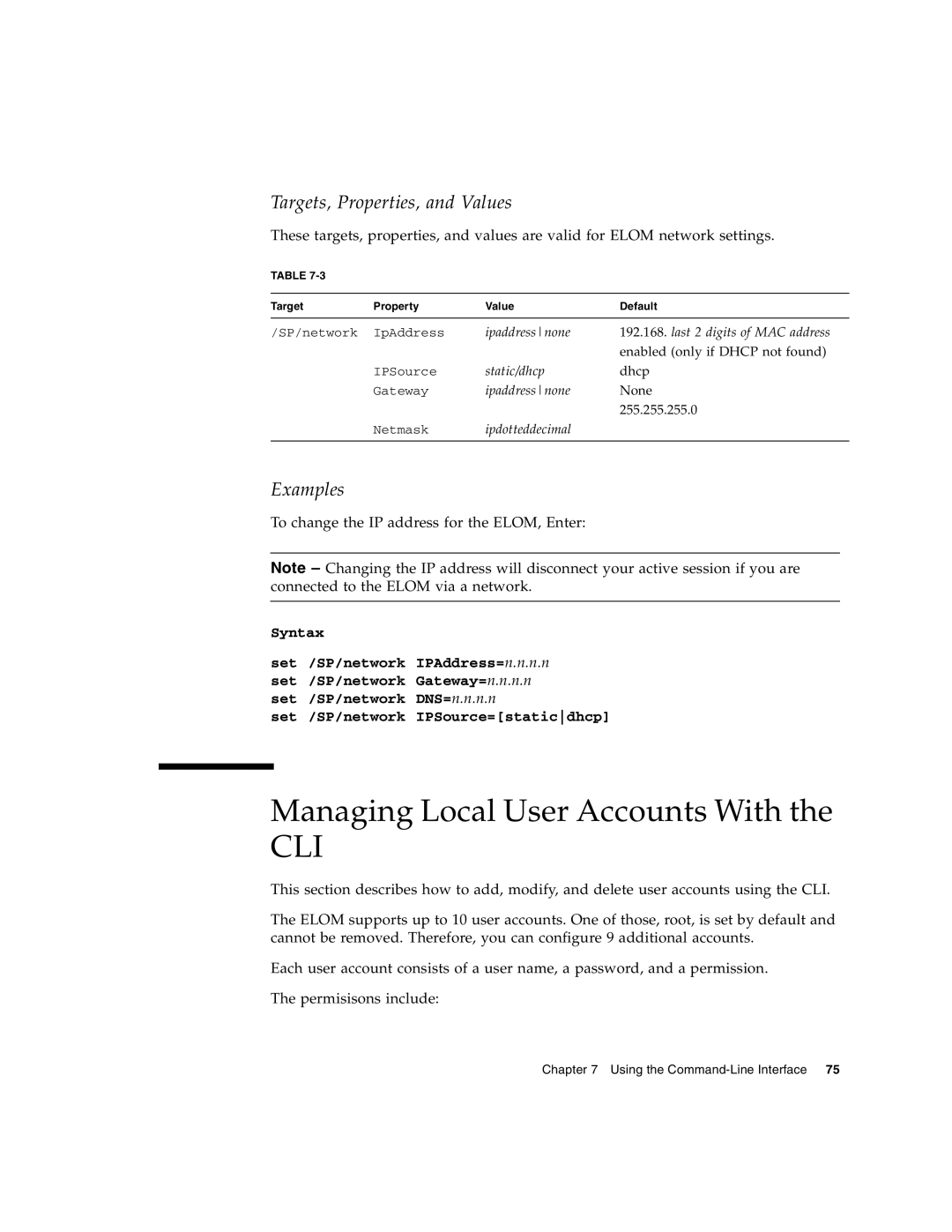 Sun Microsystems X4150 manual Managing Local User Accounts With, Targets, Properties, and Values 