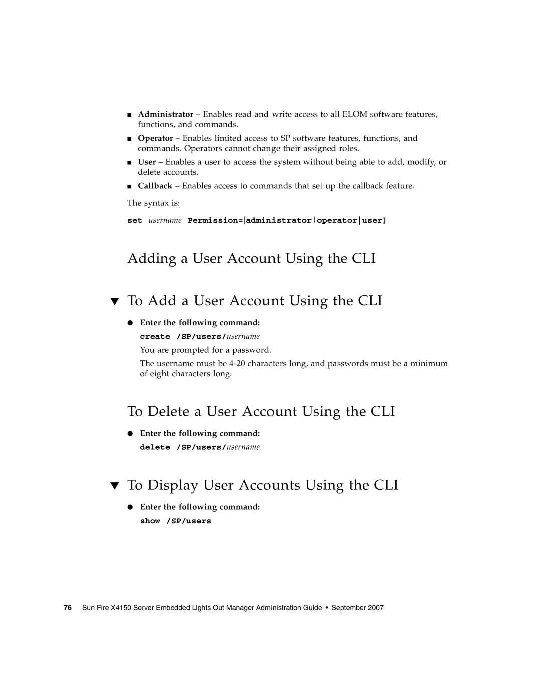 Sun Microsystems X4150 manual To Delete a User Account Using the CLI, To Display User Accounts Using the CLI 