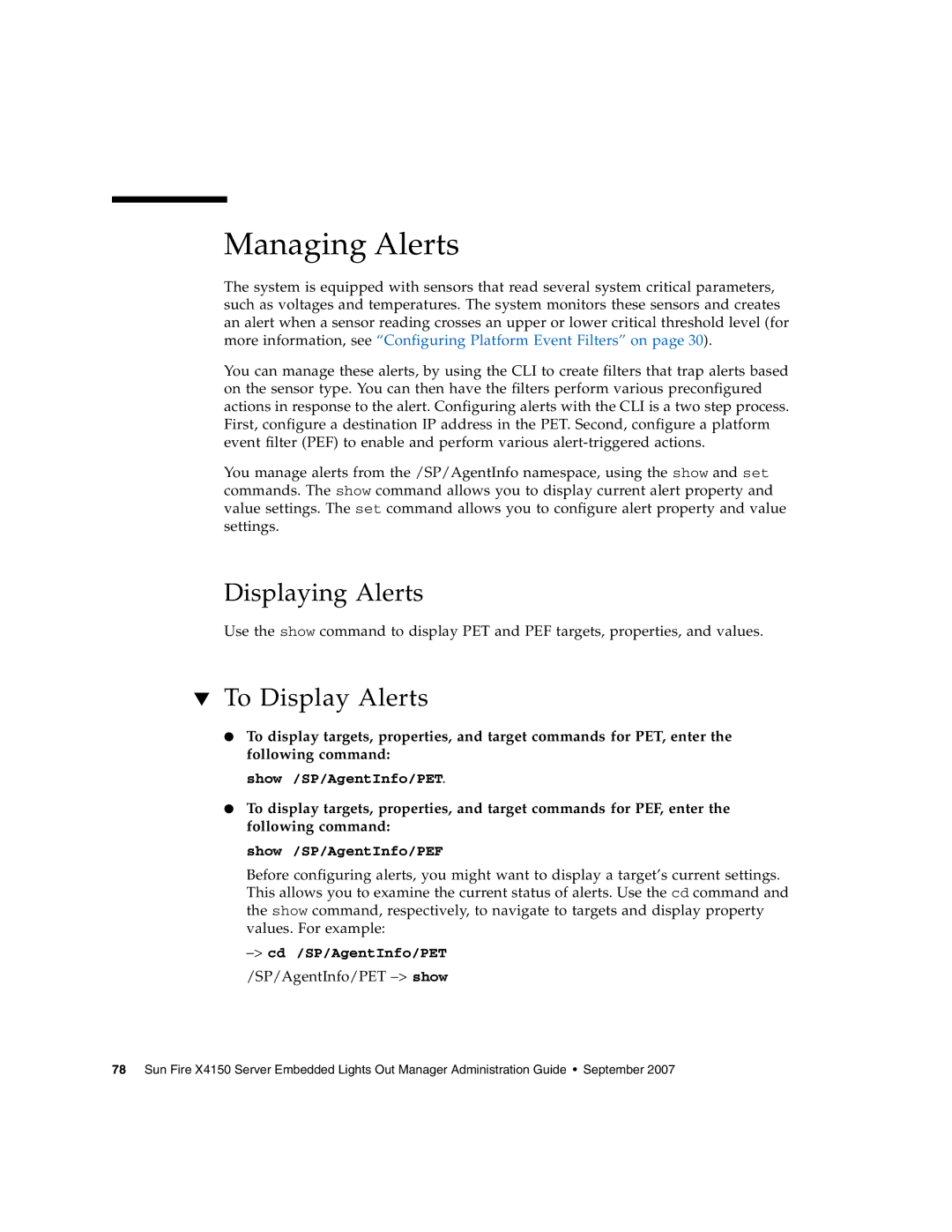 Sun Microsystems X4150 manual Managing Alerts, Displaying Alerts, To Display Alerts 