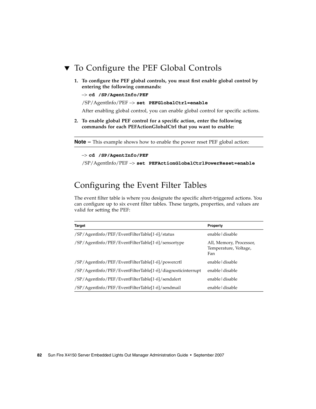 Sun Microsystems X4150 manual To Configure the PEF Global Controls, Configuring the Event Filter Tables 