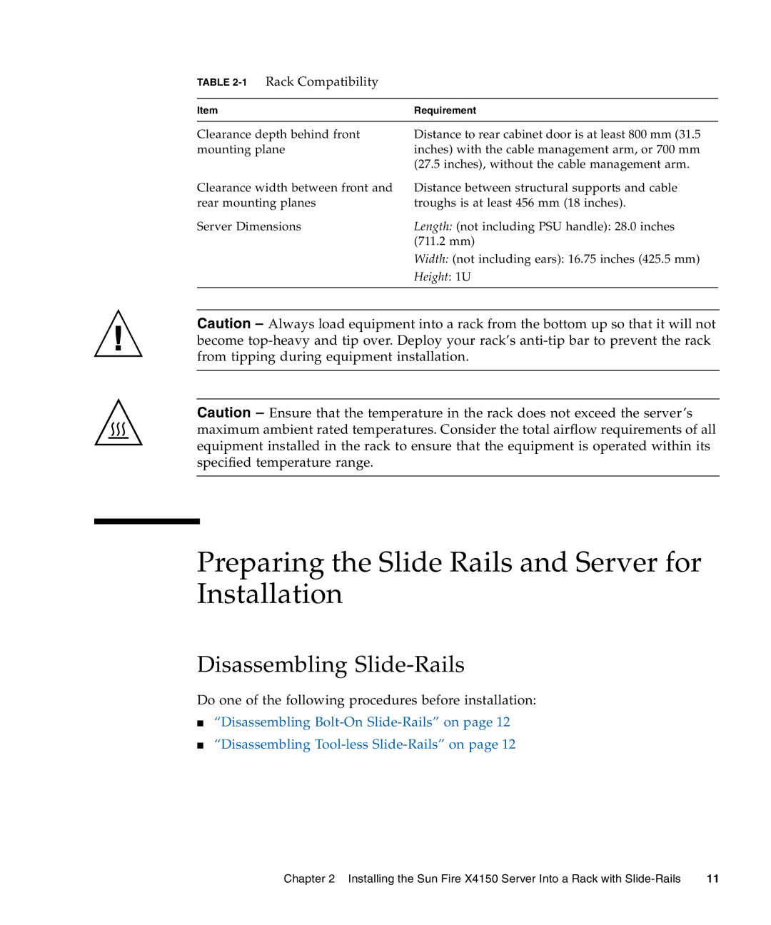 Sun Microsystems X4150 manual Preparing the Slide Rails and Server for Installation, Disassembling Slide-Rails 