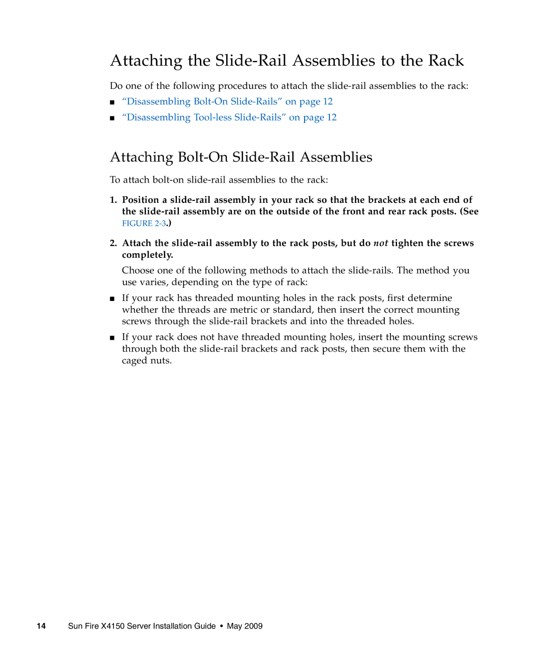 Sun Microsystems X4150 manual Attaching the Slide-Rail Assemblies to the Rack, Attaching Bolt-On Slide-Rail Assemblies 