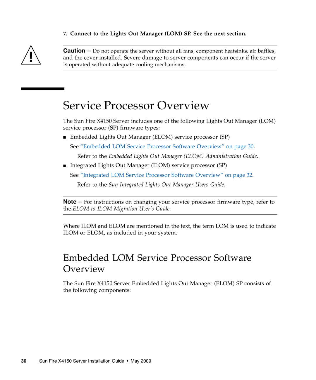 Sun Microsystems X4150 manual Service Processor Overview, Embedded LOM Service Processor Software Overview 