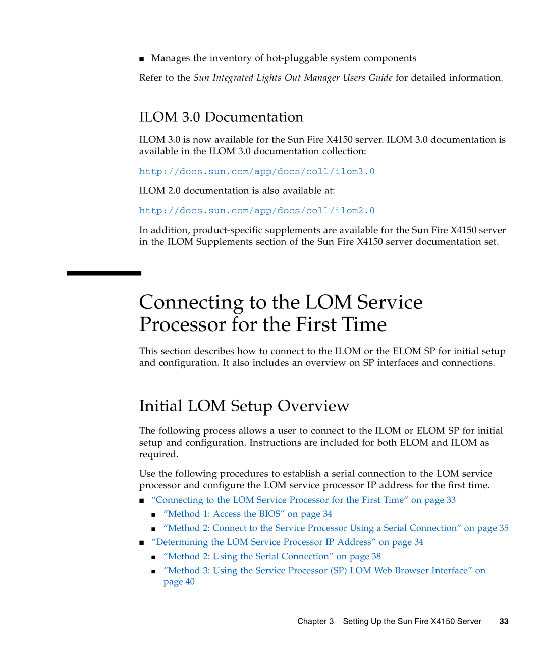 Sun Microsystems X4150 manual Connecting to the LOM Service Processor for the First Time, Initial LOM Setup Overview 