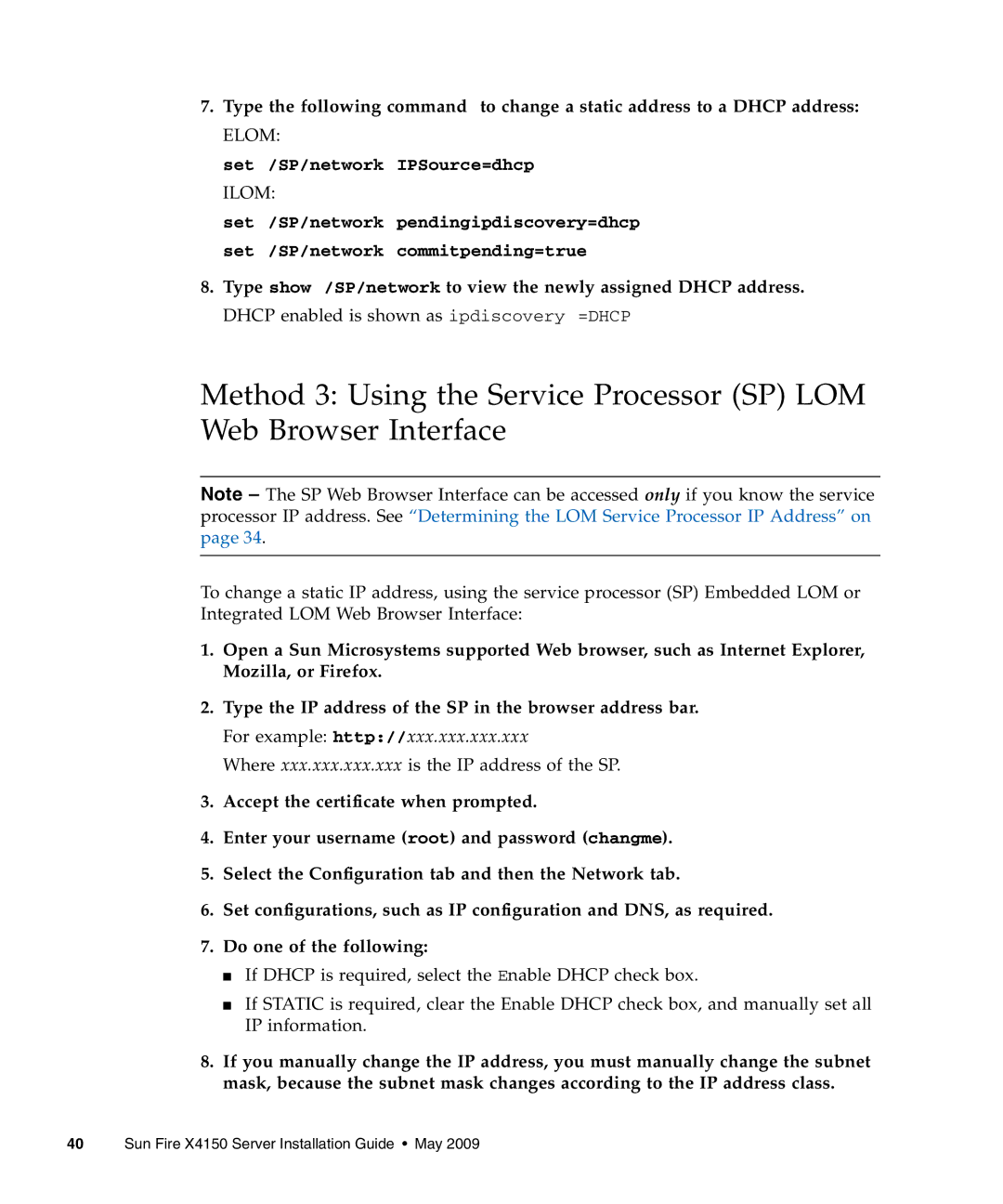 Sun Microsystems X4150 manual Set /SP/network IPSource=dhcp 