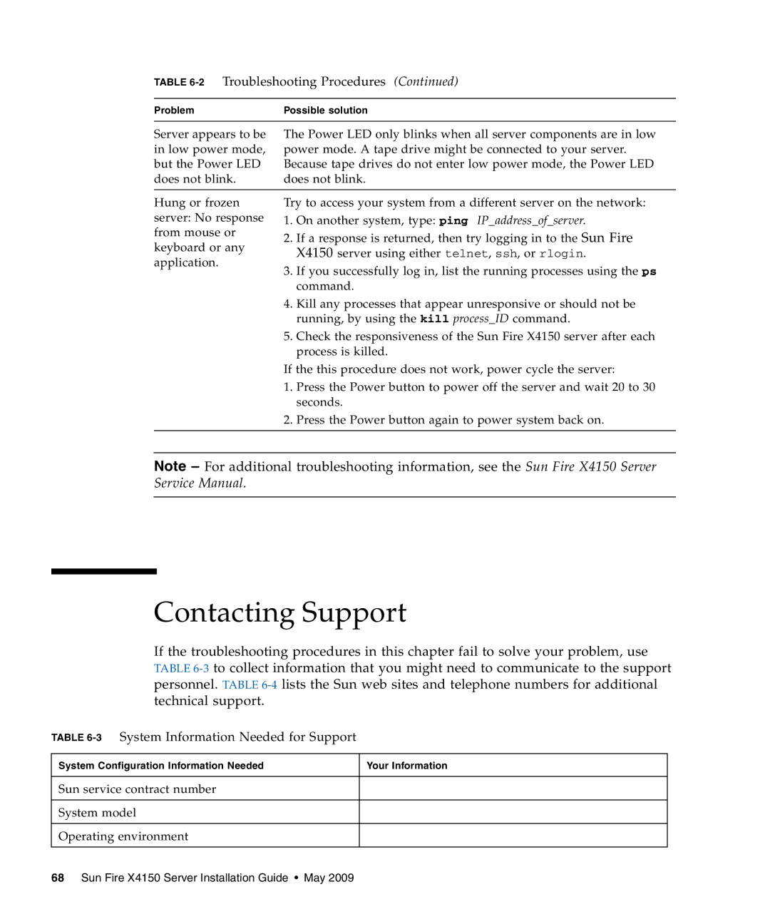 Sun Microsystems X4150 manual Contacting Support, 3System Information Needed for Support 