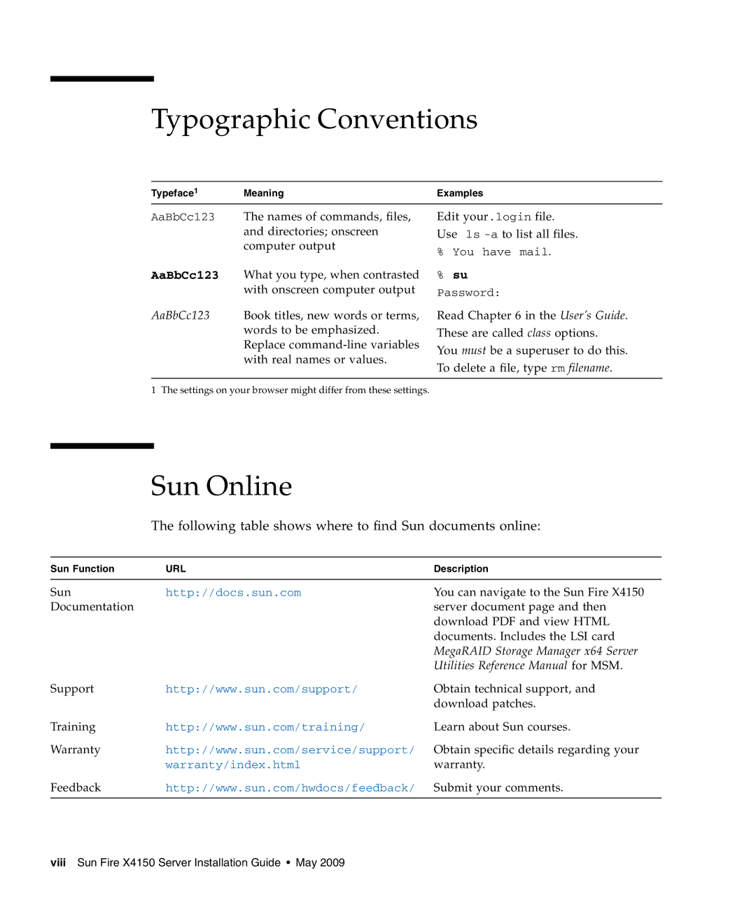 Sun Microsystems X4150 manual Typographic Conventions, Sun Online 