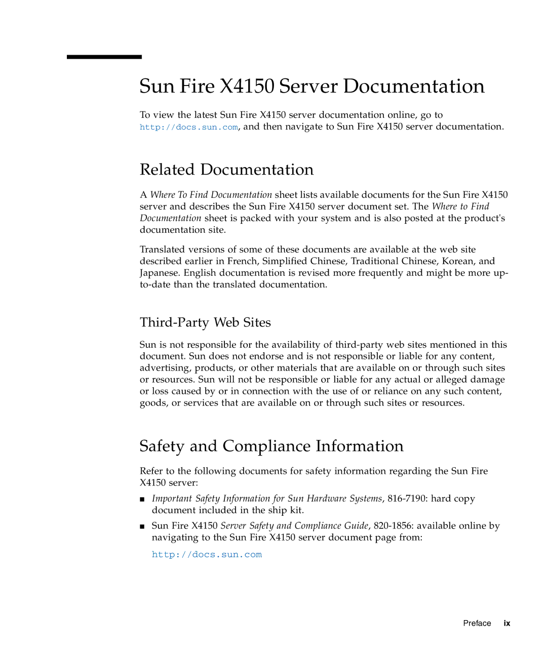 Sun Microsystems manual Sun Fire X4150 Server Documentation, Related Documentation, Safety and Compliance Information 