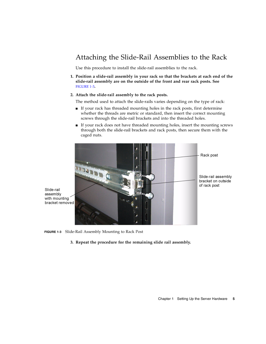 Sun Microsystems X4100 M2 Attaching the Slide-Rail Assemblies to the Rack, 3Slide-Rail Assembly Mounting to Rack Post 