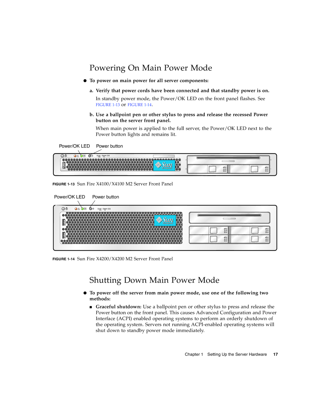 Sun Microsystems X4100 M2, X4200 M2 manual Powering On Main Power Mode, Shutting Down Main Power Mode 