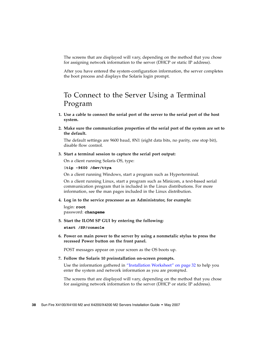 Sun Microsystems X4200 M2, X4100 M2 manual To Connect to the Server Using a Terminal Program 