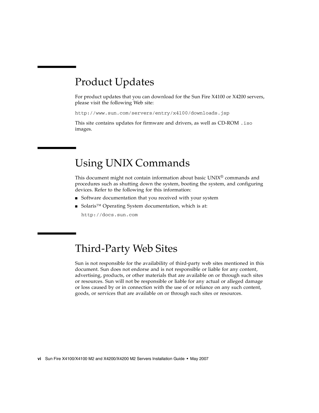 Sun Microsystems X4200 M2, X4100 M2 manual Product Updates, Using Unix Commands, Third-Party Web Sites 