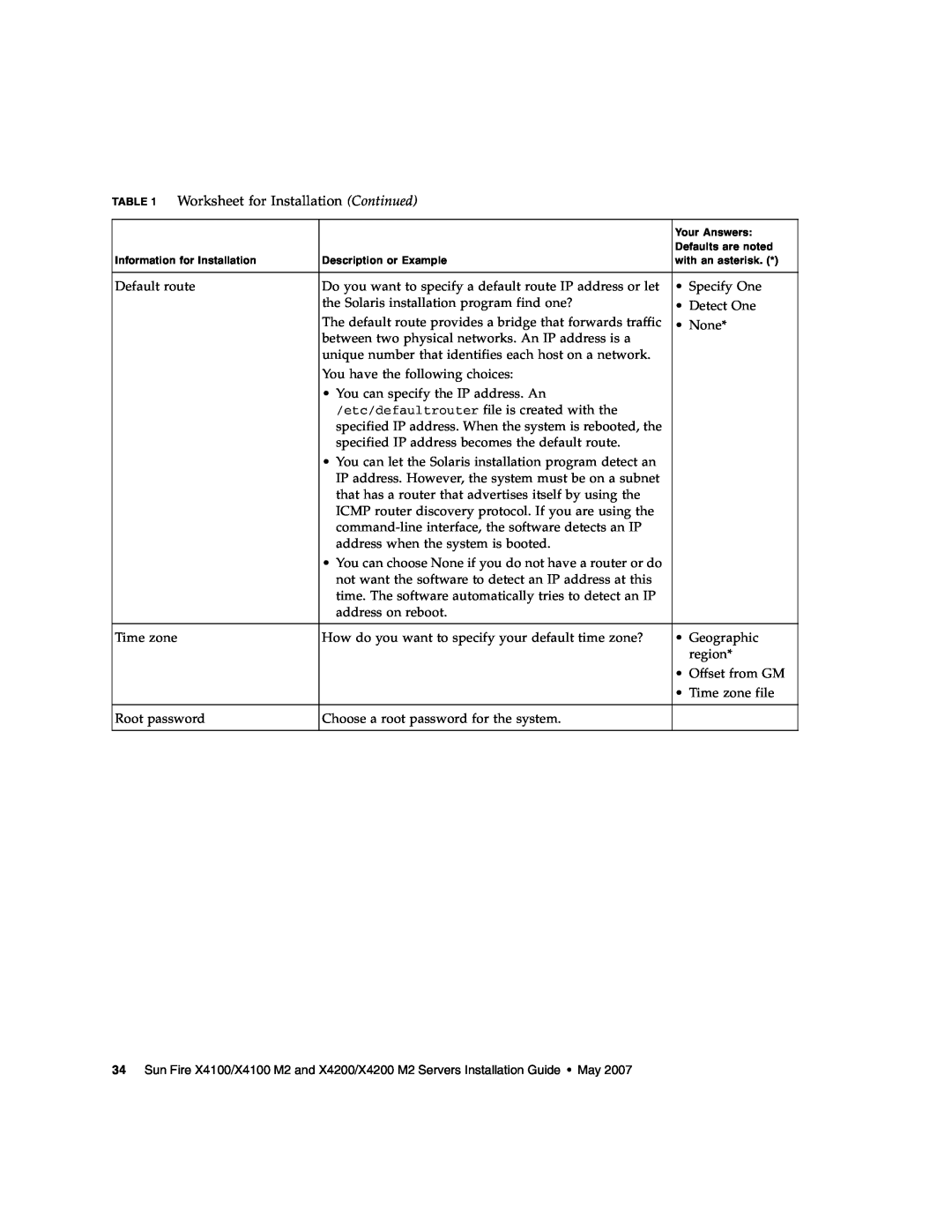 Sun Microsystems X4200 M2, X4100 M2 manual Worksheet for Installation Continued 
