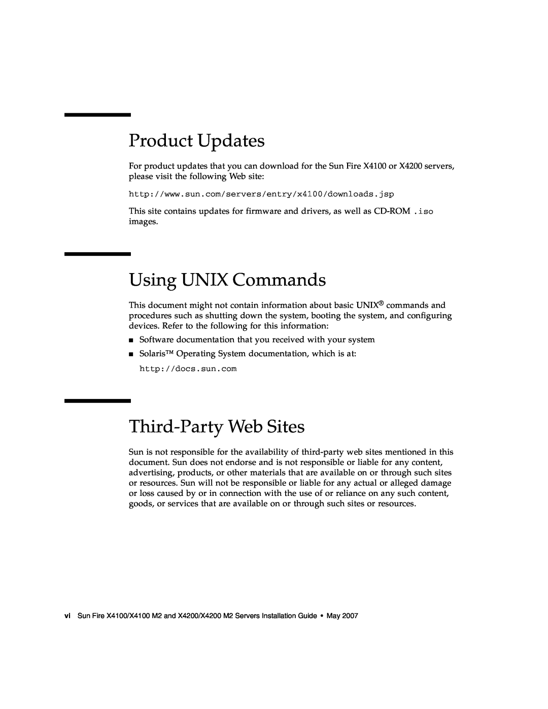 Sun Microsystems X4200 M2, X4100 M2 manual Product Updates, Using UNIX Commands, Third-Party Web Sites 