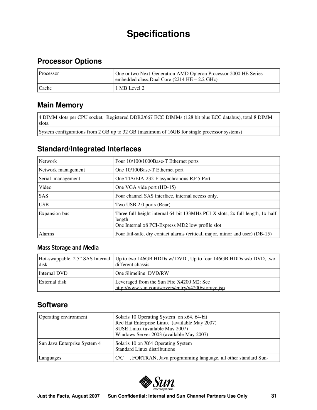 Sun Microsystems X4200 M2 manual Specifications, Processor Options, Main Memory, Standard/Integrated Interfaces, Software 