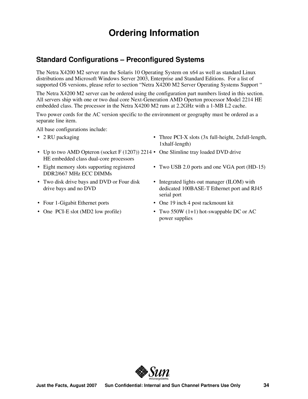 Sun Microsystems X4200 M2 manual Ordering Information, Standard Configurations Preconfigured Systems 