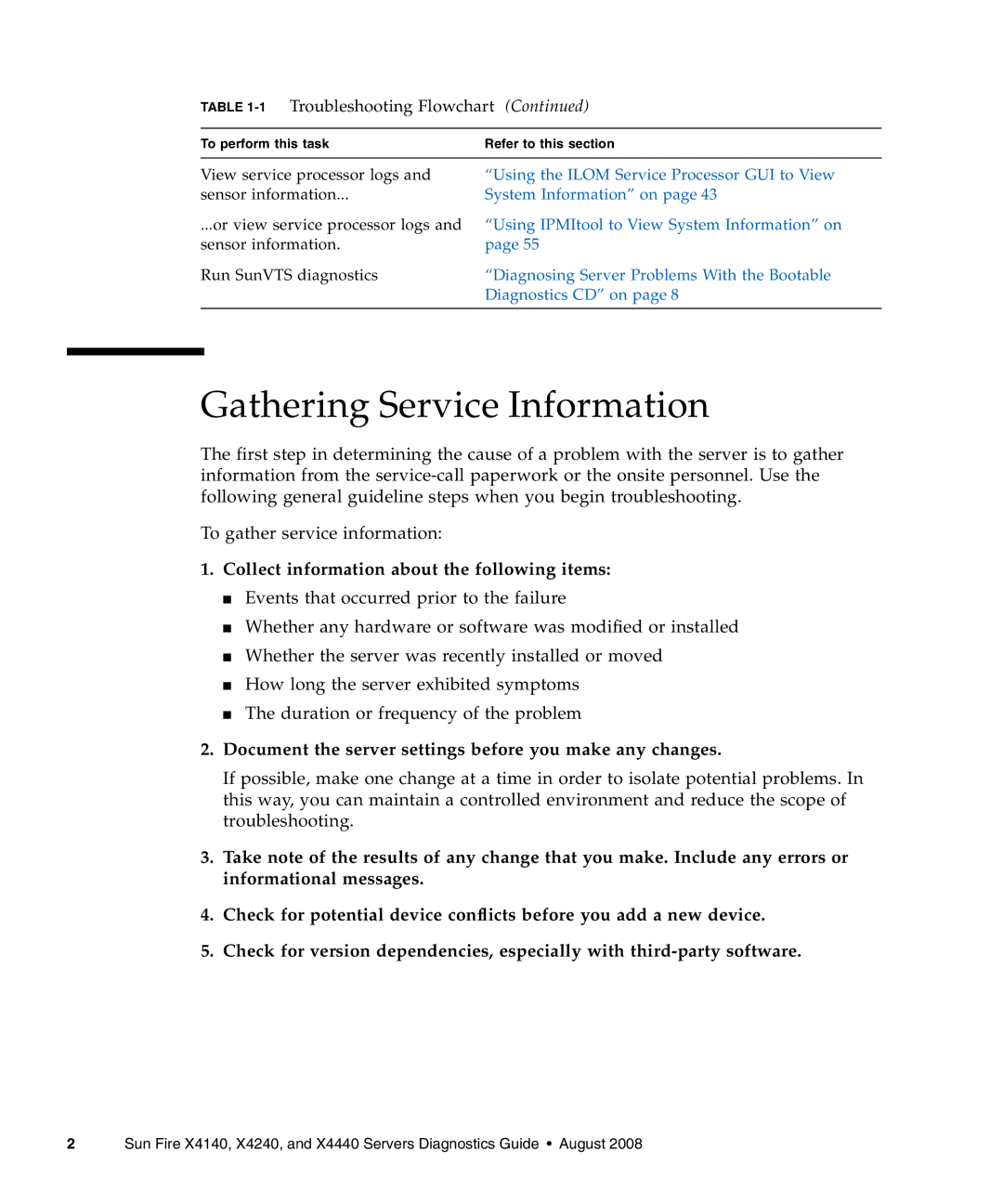 Sun Microsystems X4240, X4440, X4140 manual Gathering Service Information, Collect information about the following items 