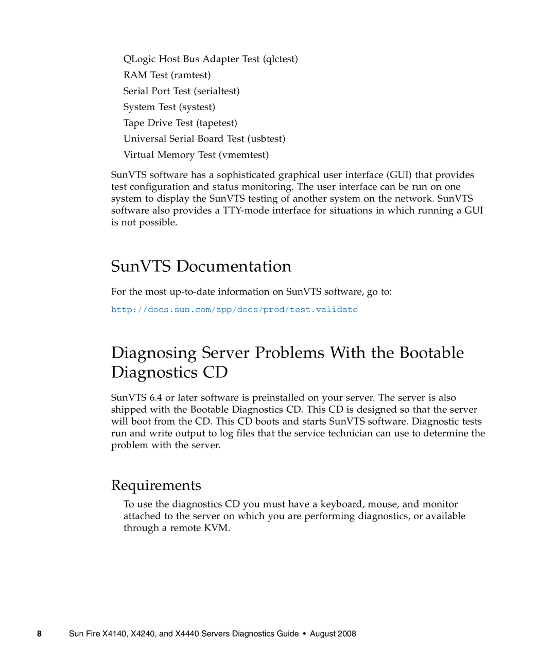 Sun Microsystems X4240, X4440, X4140 manual SunVTS Documentation, Diagnosing Server Problems With the Bootable Diagnostics CD 