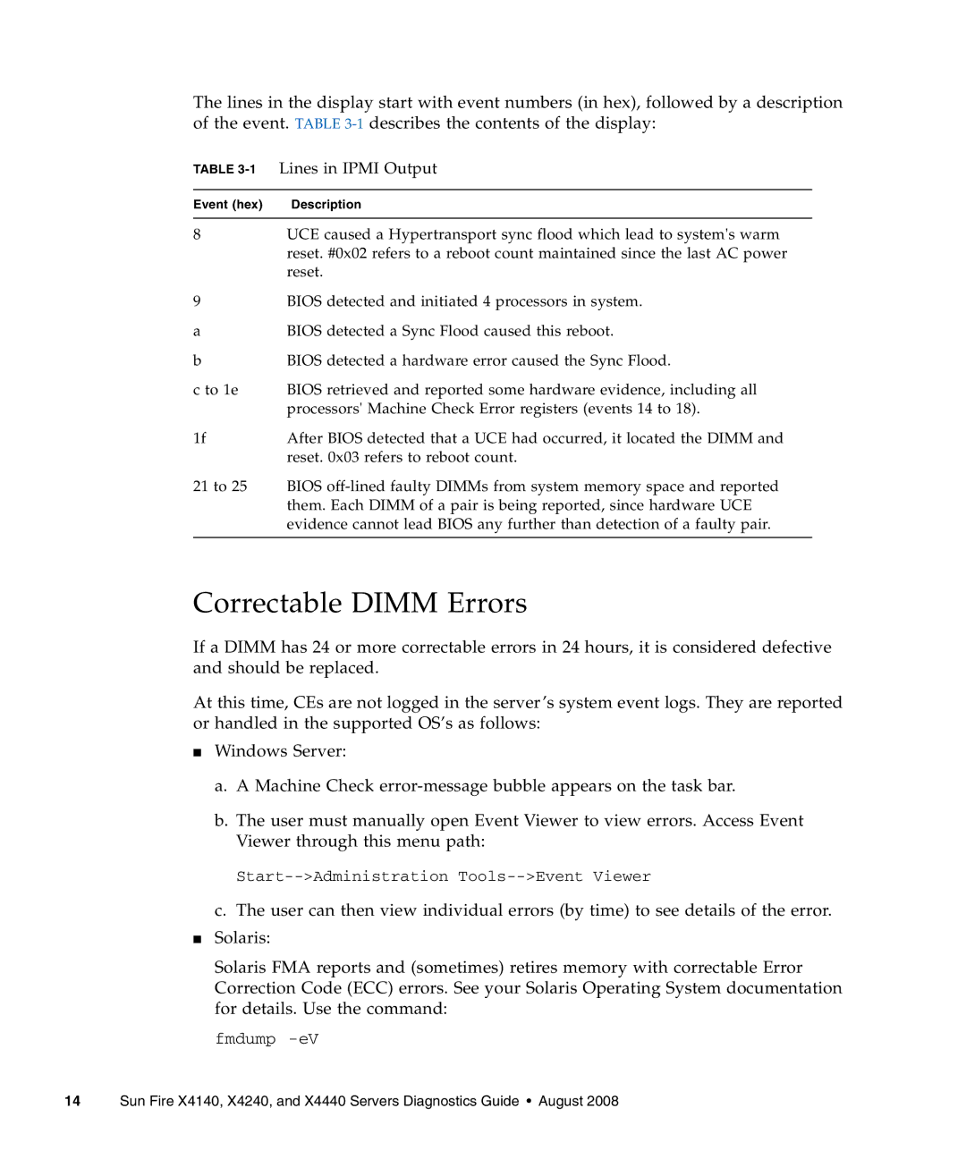 Sun Microsystems X4240, X4440, X4140 manual Correctable Dimm Errors, 1Lines in Ipmi Output 