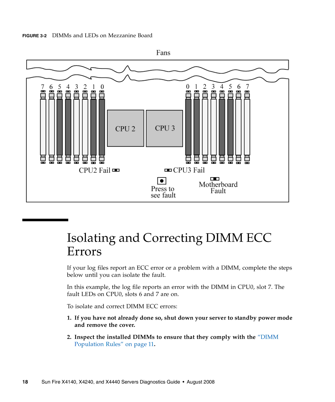 Sun Microsystems X4440, X4240, X4140 manual Isolating and Correcting Dimm ECC Errors, 2DIMMs and LEDs on Mezzanine Board 