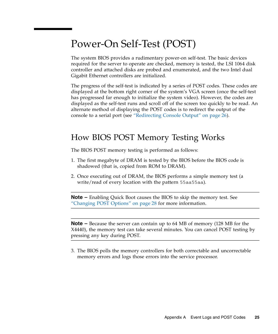 Sun Microsystems X4140, X4240, X4440 manual Power-On Self-Test Post, How Bios Post Memory Testing Works 