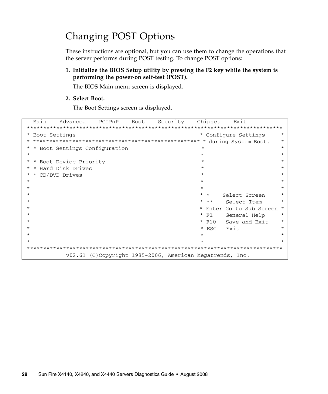 Sun Microsystems X4140, X4240, X4440 manual Changing Post Options, Select Boot 