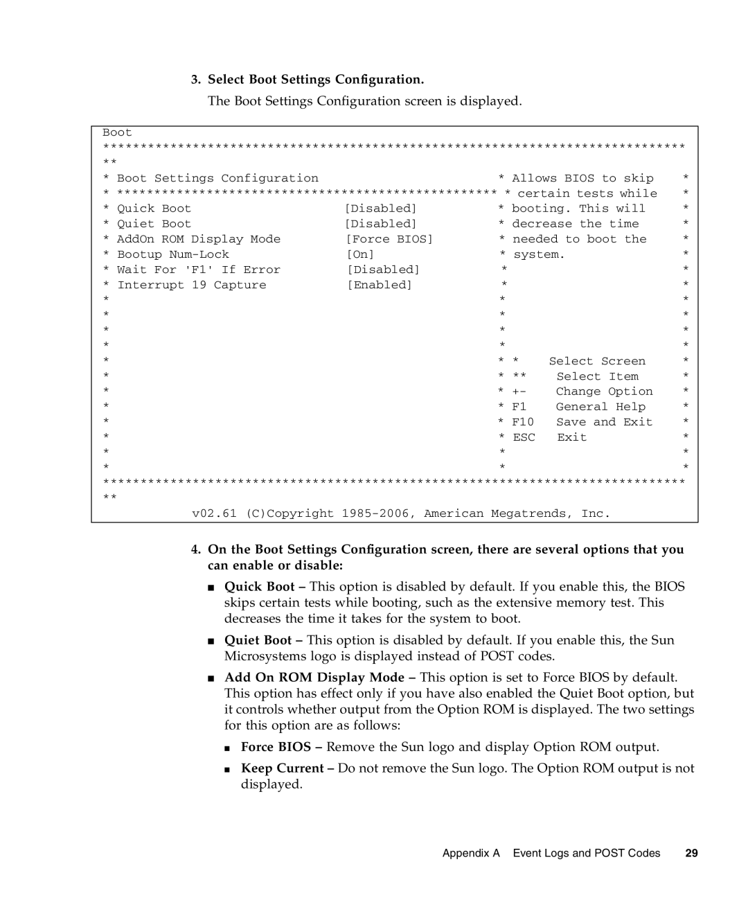 Sun Microsystems X4240, X4440, X4140 Select Boot Settings Configuration, Boot Settings Configuration screen is displayed 