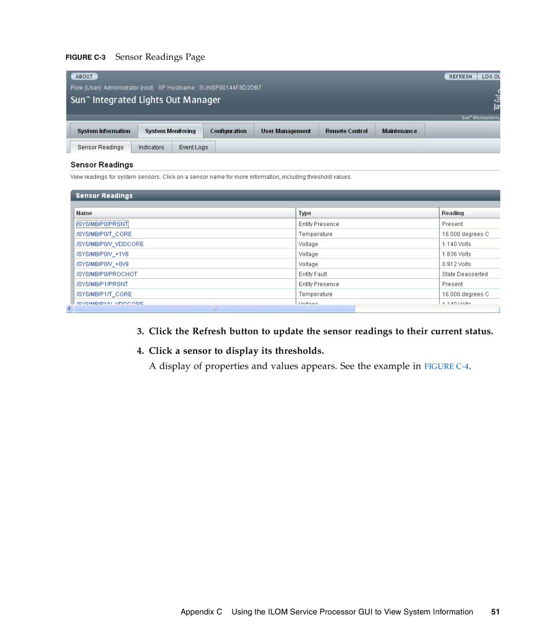 Sun Microsystems X4440, X4240, X4140 manual Figure C-3Sensor Readings 