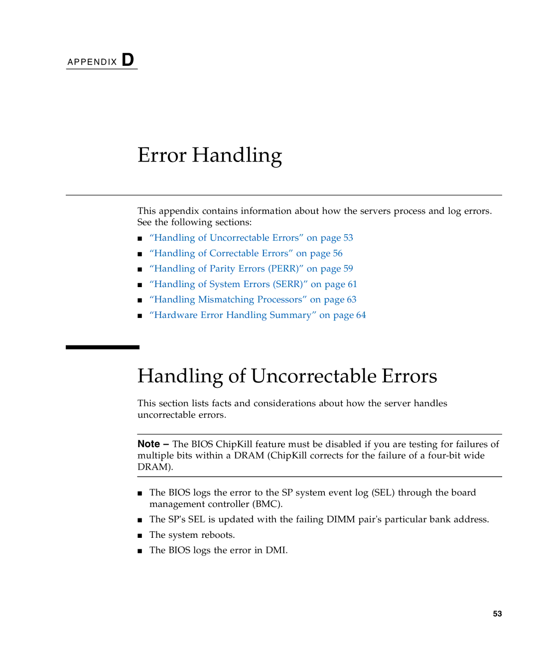 Sun Microsystems X4240, X4440, X4140 manual Error Handling, Handling of Uncorrectable Errors 