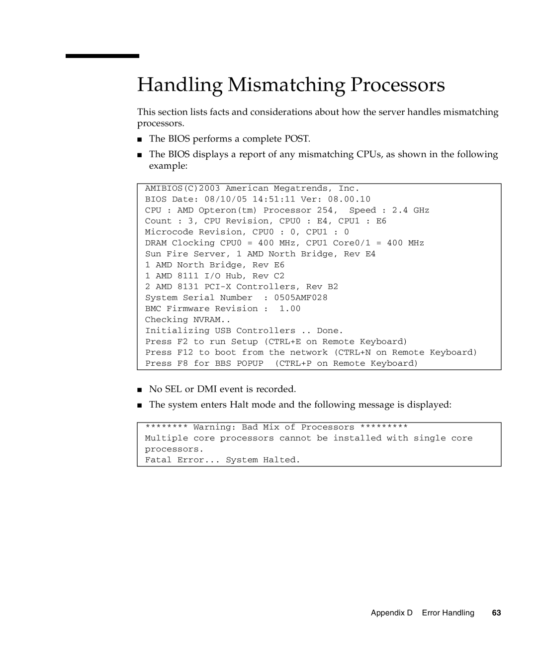 Sun Microsystems X4440, X4240, X4140 manual Handling Mismatching Processors 