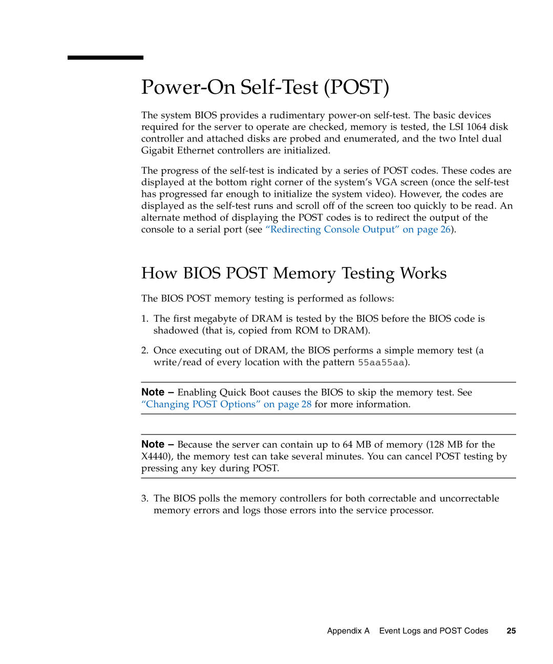 Sun Microsystems X4140, X4240, X4440 manual Power-On Self-Test POST, How BIOS POST Memory Testing Works 