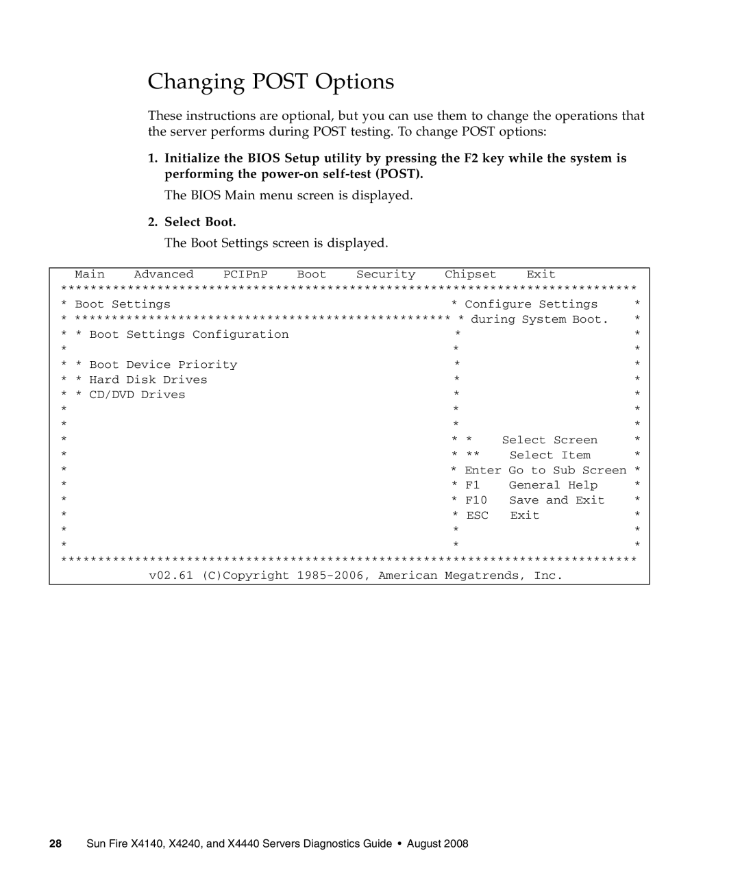 Sun Microsystems manual Changing POST Options, Sun Fire X4140, X4240, and X4440 Servers Diagnostics Guide August 