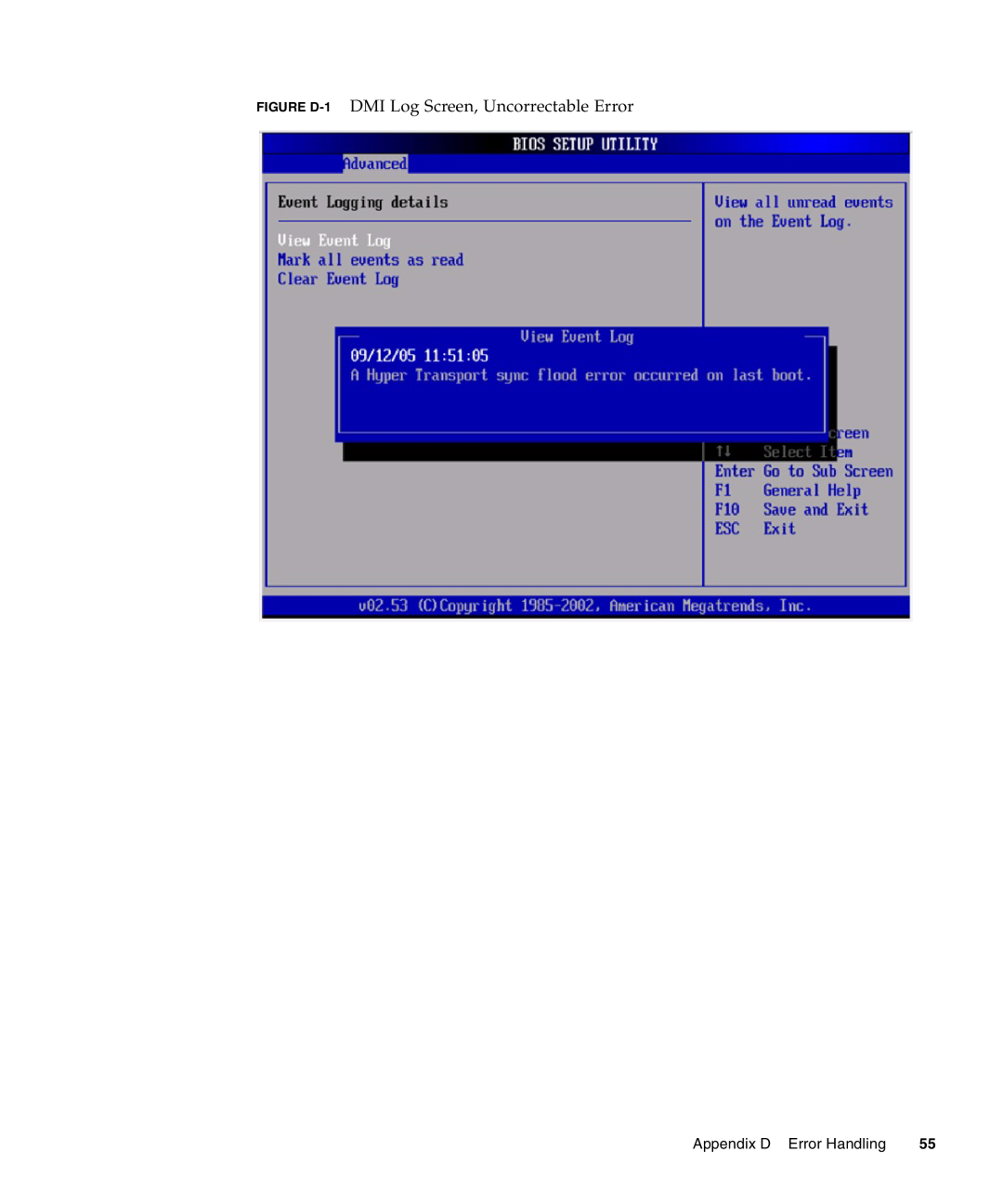 Sun Microsystems X4140, X4240, X4440 manual FIGURE D-1 DMI Log Screen, Uncorrectable Error, Appendix D Error Handling 