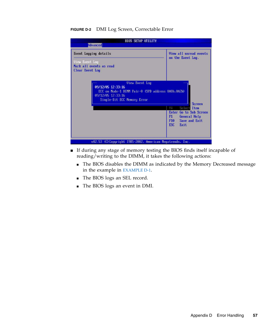 Sun Microsystems X4440, X4240, X4140 manual FIGURE D-2 DMI Log Screen, Correctable Error, Appendix D Error Handling 
