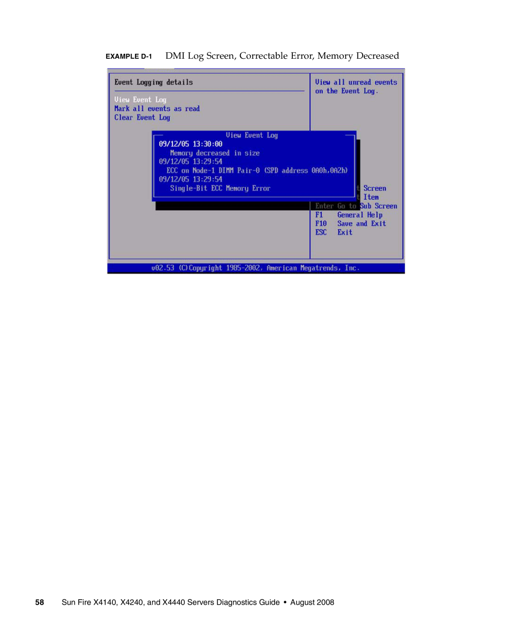 Sun Microsystems X4140, X4240, X4440 manual EXAMPLE D-1 DMI Log Screen, Correctable Error, Memory Decreased 
