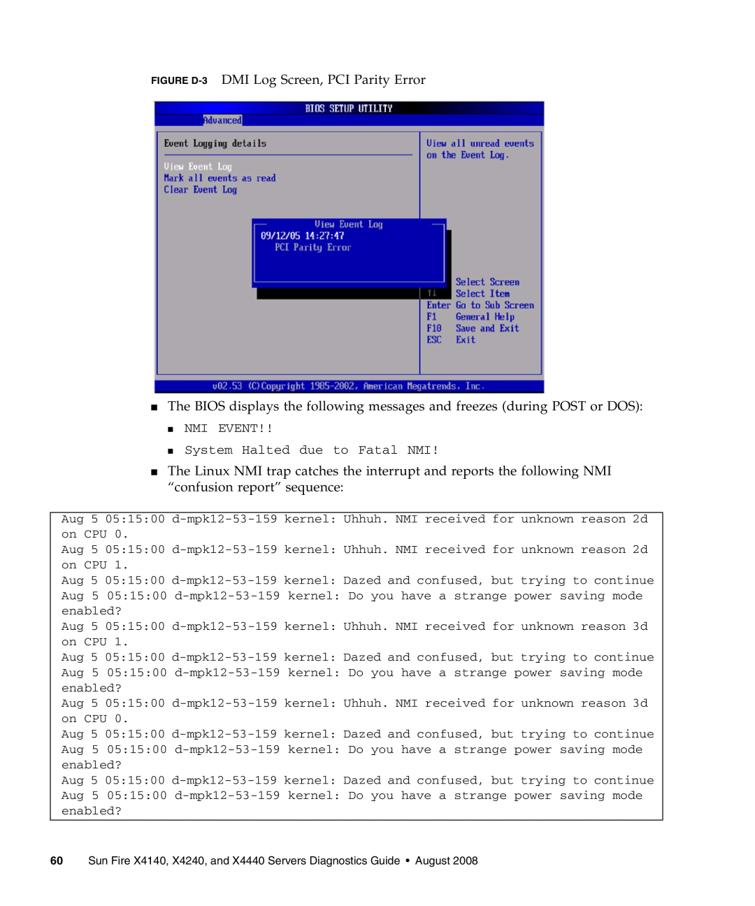 Sun Microsystems X4440, X4240, X4140 manual FIGURE D-3 DMI Log Screen, PCI Parity Error 