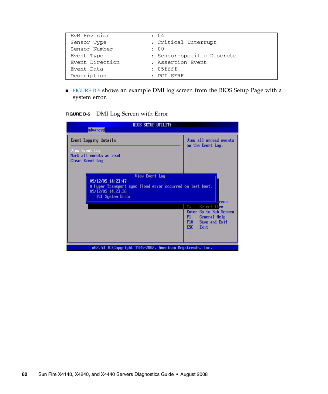 Sun Microsystems manual DMI Log Screen with Error, Sun Fire X4140, X4240, and X4440 Servers Diagnostics Guide August 