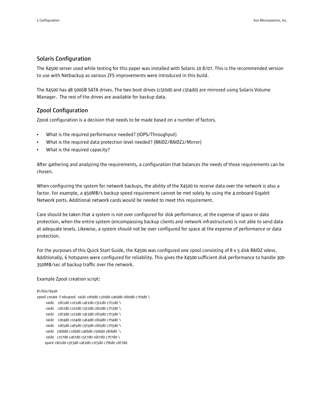 Sun Microsystems X4500 quick start Solaris Configuration, Zpool Configuration 