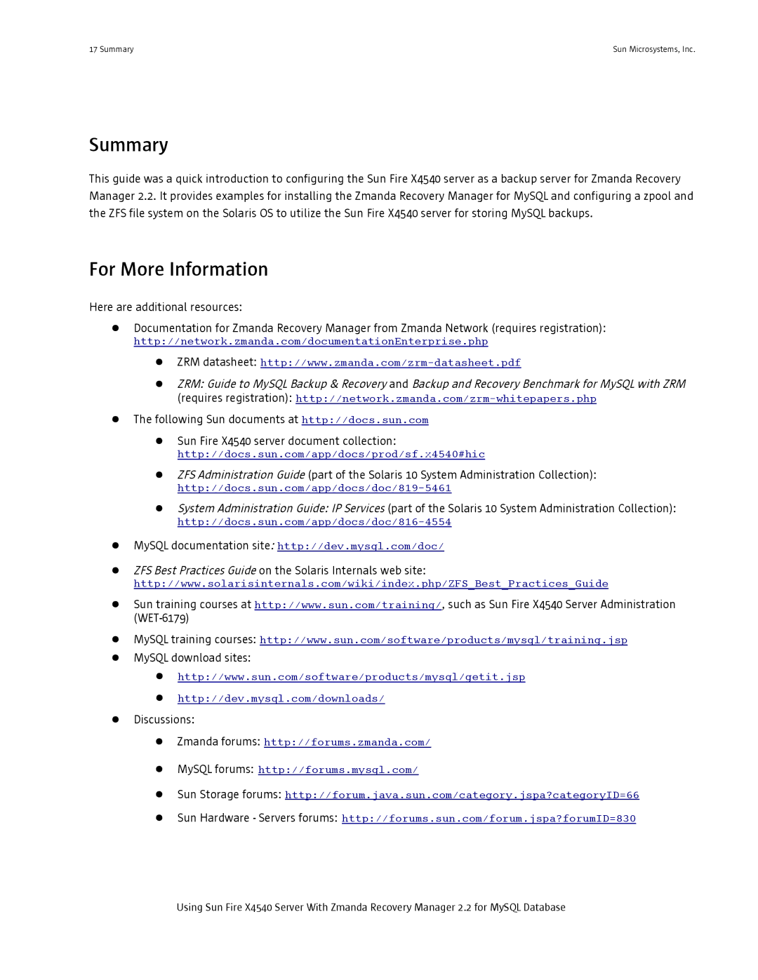 Sun Microsystems X4540 manual Summary, For More Information 