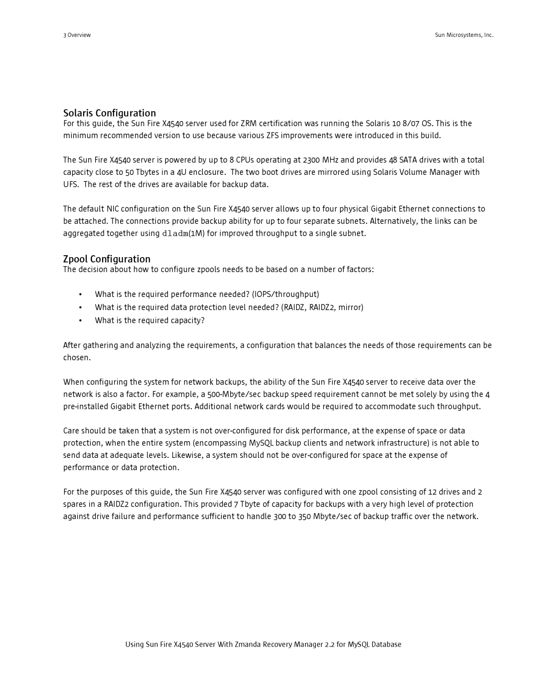 Sun Microsystems X4540 manual Solaris Configuration, Zpool Configuration 