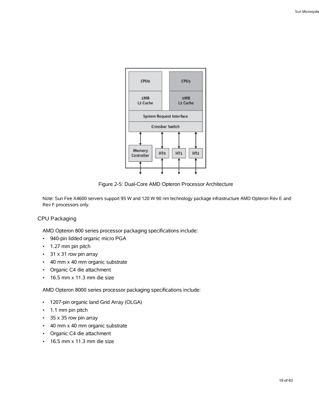 Sun Microsystems X4600 M2 manual CPU Packaging, Dual-Core AMD Opteron Processor Architecture 