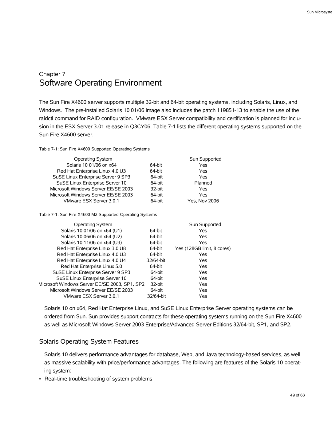 Sun Microsystems X4600 M2 manual Software Operating Environment, Solaris Operating System Features 